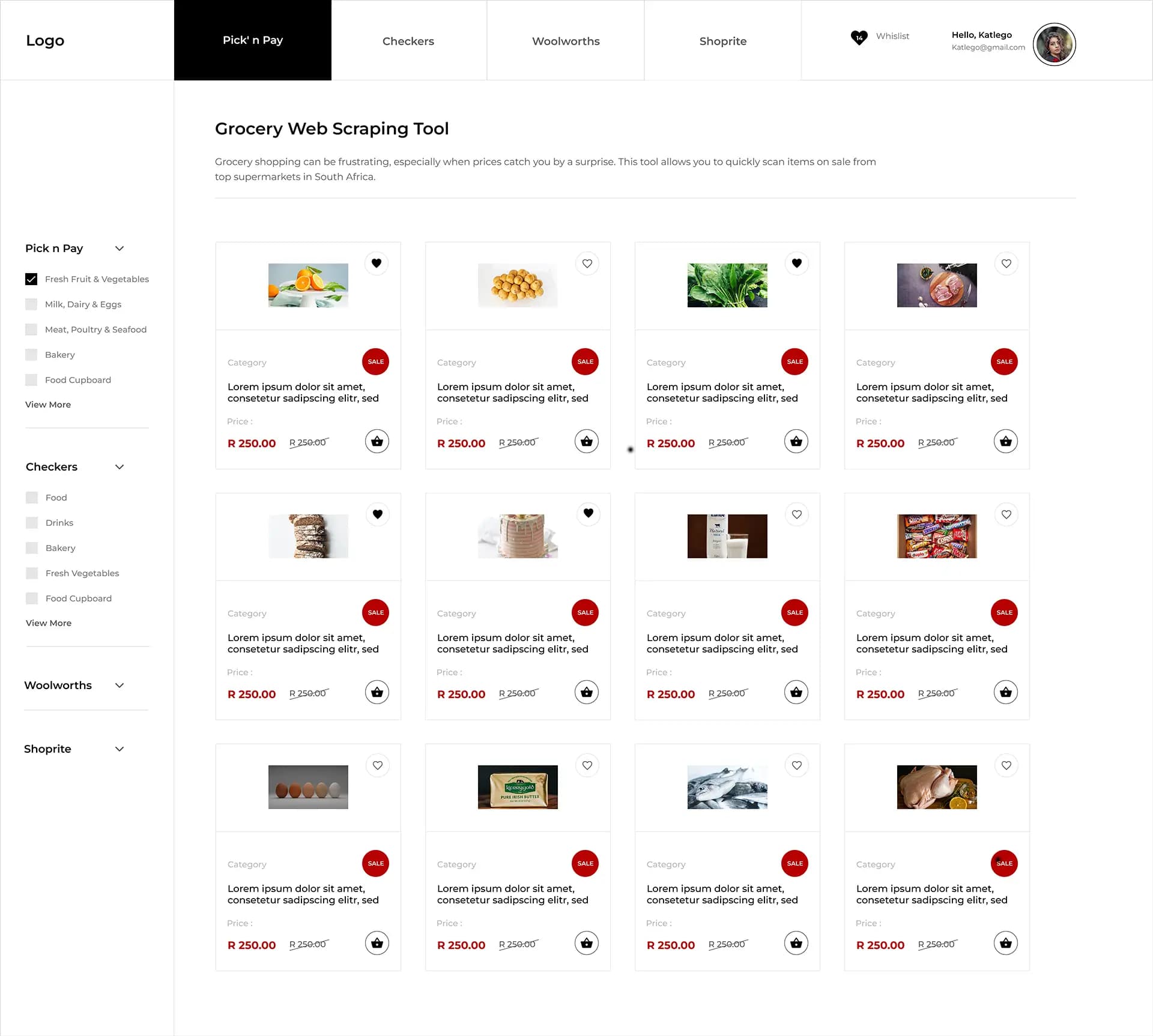 High-fidelity prototype showing an overview of items from to stores in South Africa.