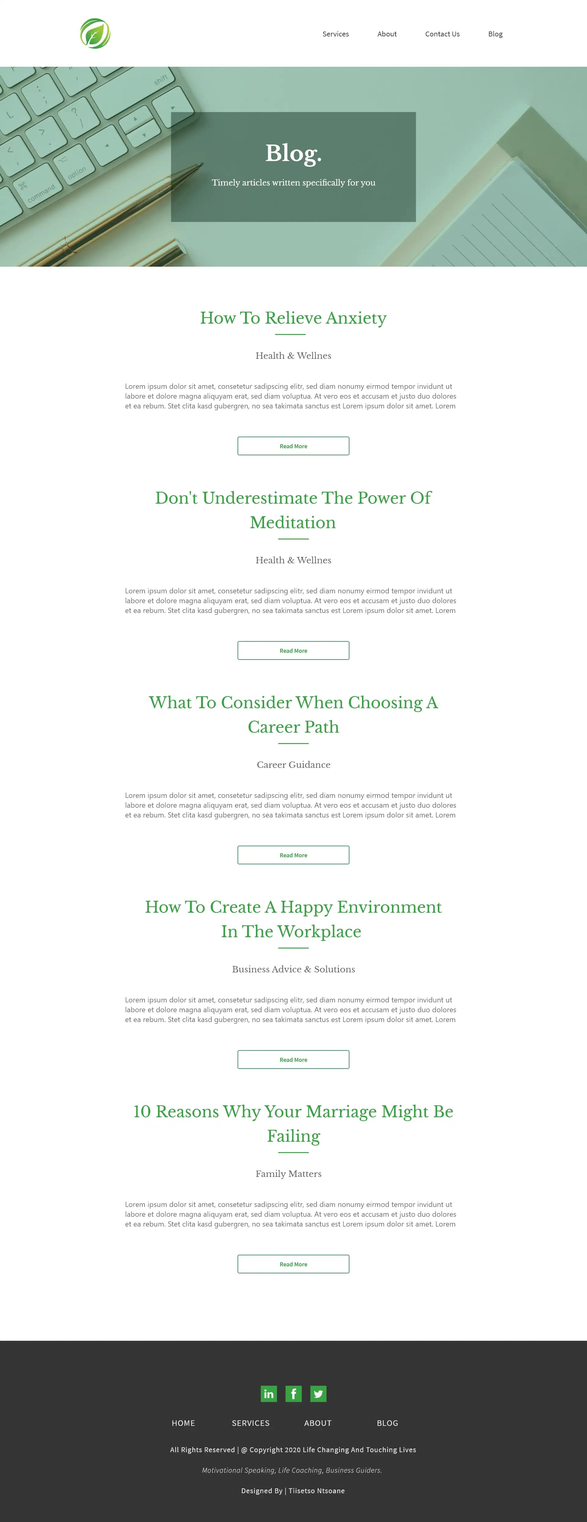 life coaching and touching lives high-fidelity blog page design.